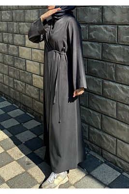 Kurşuni Antrasit Gri Pamuklu Kumaş Yandan Bağlamalı Kimono Kaftan Elbise ürün fotoğrafı