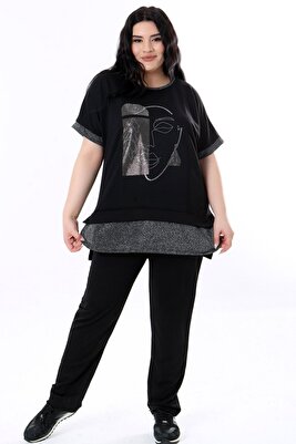 Yuvarlak Yaka Kısa Kol Taş İşlemeli Bluz Beli Lastikli Bağcıklı Cepli Pantolon Rahat Likralı Takım ürün fotoğrafı