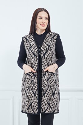 Kadın Vizon Yaprak Desenli Cepli Uzun Kışlık Triko Anne Yelek ürün fotoğrafı