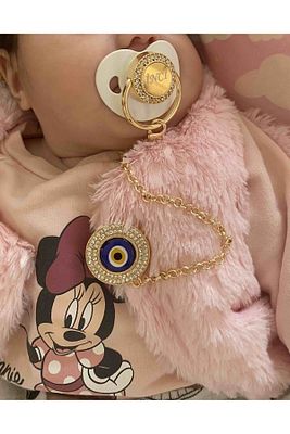 Isimli Kristal Taşlı Beyaz-pembe-mavi-siyah-krem Silikon Bebek Emzik Ve Nazarlı Zincir Seti (0-6 AY) ürün fotoğrafı