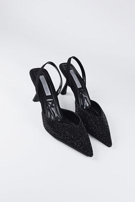 Kadın Siyah Taş Detaylı Kumaş Abiye Stiletto Topuklu Ayakkabı ürün fotoğrafı