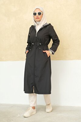 Büyük Beden Fermuarlı Kendinden Astarlı Uzun Tesettür Trençkot ürün fotoğrafı