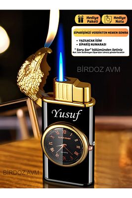 Kişiye Özel Isimli Saatli Kartal Tasarım Çift Alevli Özel Başlıklı Şık Tasarımlı Turbo Gazlı Çakmak ürün fotoğrafı