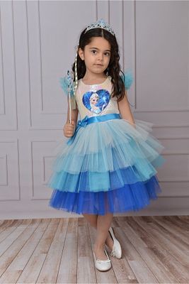 Taç Aksesuarlı Elsa Pullu Doğum Günü Prenses Kostümü Ve Elbisesi ürün fotoğrafı