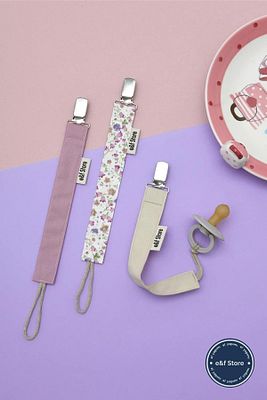 Sertifikalı Pamuklu Emzik Askısı - 3'lü Set - Gül Kurusu, Bej, Çiçekli - Bebek Emzik Zinciri ürün fotoğrafı