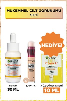 Maybelline Instant Anti Age Eraser Kapatıcı 01 & Garnier C Vitamini Parlak Süper Aydınlatıcı Serum ürün fotoğrafı