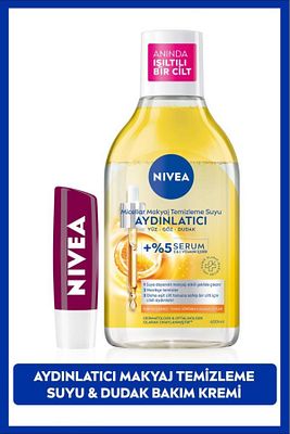 Aydınlatıcı Micellar Makyaj Temizleme Suyu 400ml ve Nemlendirici Böğürtlen Dudak Bakım Kremi 4,8gr ürün fotoğrafı