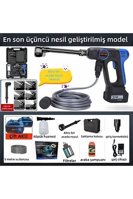 En Yeni Çift Akü Şarjlı Yüksek Basınçlı Oto Araba Bahçe Yıkama Ve Temizleme Tabancası Makinesi Mavı ürün fotoğrafı