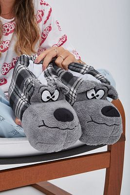 Gri Siyah Ekoseli Hayvanlı Sessiz Taban Panduf Sevimli Köpek Figürlü Peluş Ev Ayakkabısı ürün fotoğrafı