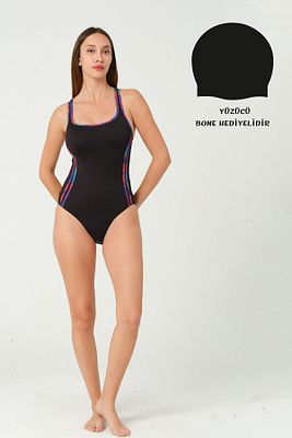 Kadın Sırt Detaylı Düz Renk Ve Şeritli Slip Yüzücü Mayo Siyah (GÖĞÜS PEDLİ) ürün fotoğrafı