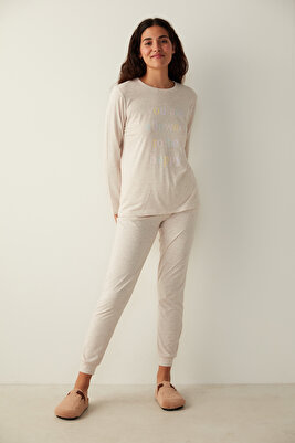 Bej Be Happy Sloganlı Tişört Pijama Üstü ürün fotoğrafı