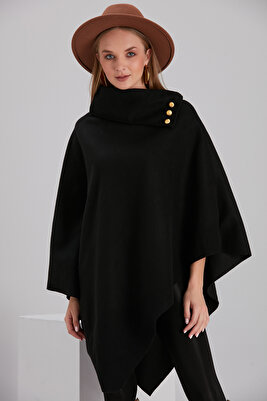 Kadın Dokuma Kaşe Görünümlü Yakası Düğme Detaylı Şık Tasarımlı Tesettür Siyah Panço ürün fotoğrafı