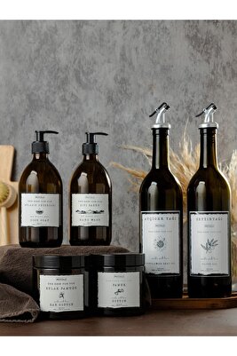 3lü Set 6 Parça Cam 2li 750ml Yağdanlık Cam Amber 300ml 2li Sıvı Sabunluk 2li Amber Pamukluk Yağlık ürün fotoğrafı