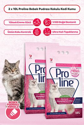 Proline Bebek Pudrası Kokulu Ince Tane Topaklanan Kedi Kumu 10 Lt X 2 Adet ürün fotoğrafı