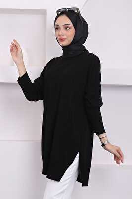 Siyah Bisiklet Yaka Merserize Salaş Triko Tunik ürün fotoğrafı