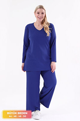 Büyük Beden Yandan Yırtmaçlı Ikili Takım Fitilli Konforlu Pantolonlu Tunik 2'li Şık Alt-üst Takım ürün fotoğrafı