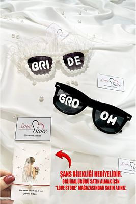 Gelin Damat Güneş Gözlüğü Özel Tasarım İncili Tüylü Bride Groom Yazılı Güneş Gözlüğü Çekim Aksesuarı ürün fotoğrafı