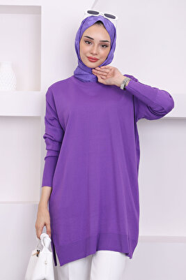 Koyu Lila Bisiklet Yaka Merserize Salaş Triko Tunik ürün fotoğrafı