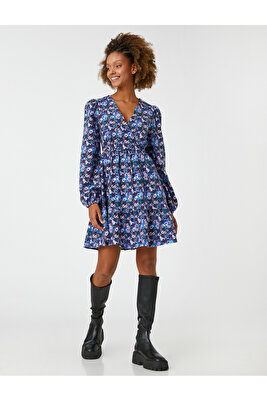 Çiçekli Kışlık Elbise Mini V Yaka Balon Kollu Anvelop ürün fotoğrafı