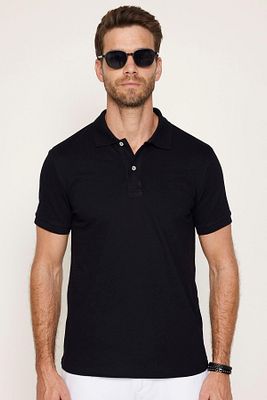 Erkek Slim Fit Dar Kesim Pamuklu Yumuşak Doku Nefes Alan Kumaş Kıvrılmaz Yaka Siyah Polo Yaka Tişört ürün fotoğrafı