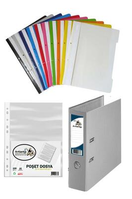 Gri Büro Klasörü Telli Dosya ve Poşet Dosya Seti 1 Adet Büro Klasörü 10 Renk Telli Dosya 100 Adet Po ürün fotoğrafı