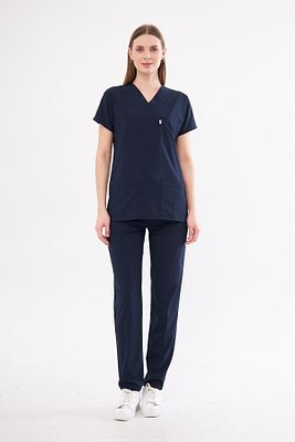 Lacivert Likralı Unisex Yarasa Kol Hemşire Ve Doktor Forması Takımı Scrubs Hastane Üniforması ürün fotoğrafı