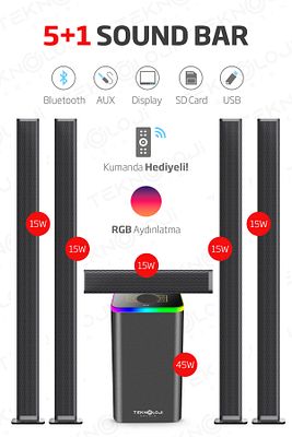 HP-TV04 5+1 Soundbar Ev Sinema Sistemi Stereo Hd Ses Kalitesi Rgb Kablolu 45W AMFİ 15WX5 SOUNDBAR ürün fotoğrafı