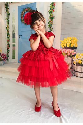 Kız Çocuk Kırmızı Tüllü Abiye Elbise ürün fotoğrafı