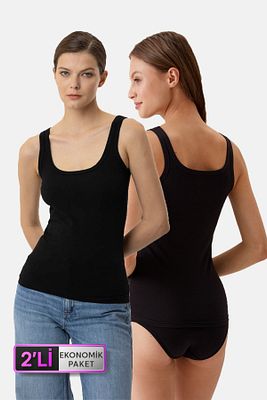 2'li Ekonomik Paket Siyah 1025 Kare Yaka Kalın Askılı Basic Pamuklu Atlet Set ürün fotoğrafı