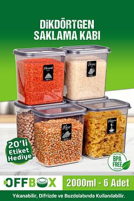 6 Adet 12 Parça Dikdörtgen 2 Litre Erzak Bakliyat Saklama Kabı Çeyiz Seti 20 Etiket Hediyeli ürün fotoğrafı
