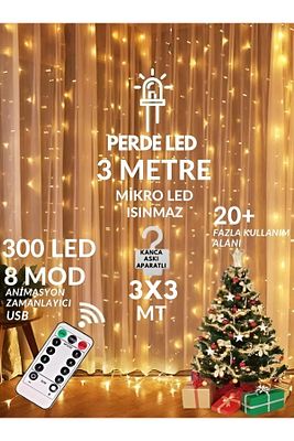 300 Ledli 10 Sarkıt Perde Led Işık-8 Fonksiyon, Uzaktan Kumandalı, 3x3 Metre ürün fotoğrafı
