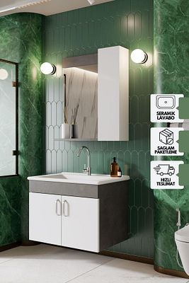 Gümüş 65 Cm Lavabolu Banyo Dolabı Retro Gümüş-beyaz Seramik Lavabo Dahil ürün fotoğrafı
