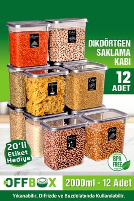 12 Adet 24 Parça 2 Litre Dikdörtgen Erzak Bakliyat Saklama Kabı Seti 20 Etiket Hediyeli ürün fotoğrafı
