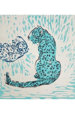 Özgün Baskı - Mavi Leopar Resmi İkili- Linolyum ürün fotoğrafı