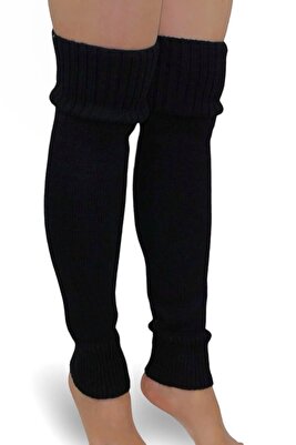 Doğal Yün Siyah Kışlık Kadın Tozluk Kalın Ayaksız Diz Üstü Yoga Çorabı ürün fotoğrafı