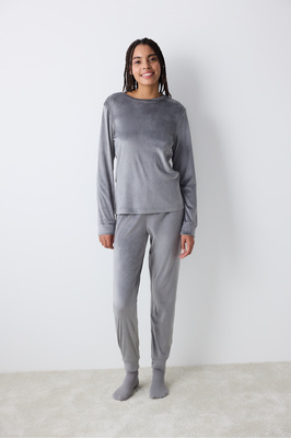 Greek Fuzzy Solid Koyu Gri Sweatshirt Pijama Üstü ürün fotoğrafı