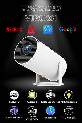 Taşınabilir Android Sinema Projeksiyon Wifi Destekli En Güncel Sürüm Akıllı Projektör Beyaz 720p ürün fotoğrafı