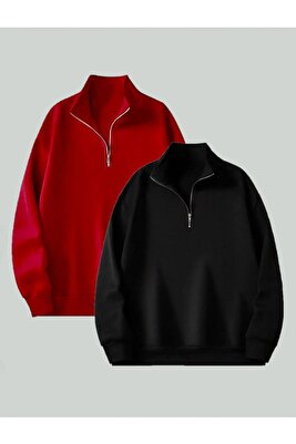 2'li Unisex Dik Yakalı Fermuarlı Oversize Sweatshirt - Büyük Beden Sweatshirt ürün fotoğrafı