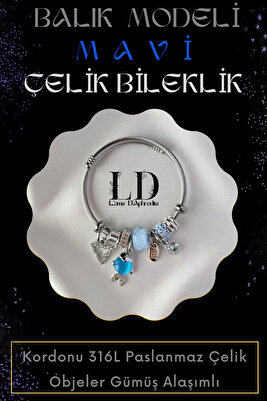 Mavi Balıklı Halkası Charmlı Gümüş Alaşımlı Paslanmaz Çelik Bileklik ürün fotoğrafı