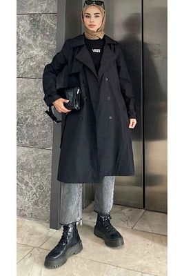Klasik Kuşaklı Trençkot Siyah ürün fotoğrafı
