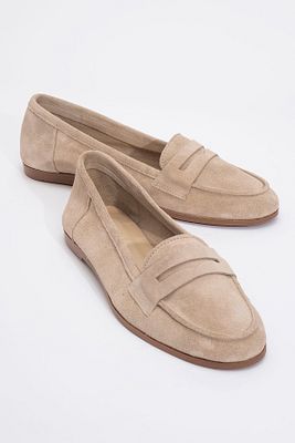 F02 Bej Süet Hakiki Deri Kadın Loafer Ayakkabı ürün fotoğrafı