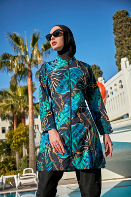 Paraşüt Zincir Ve Yapraklı Tam Kapalı Tesettür Mayo Zeliha ürün fotoğrafı