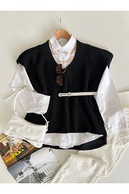 V Yaka Yırtmaclı Triko Selanik Süveter Ön Boy 65 Cm Arka Boy 70 Cm En 50 Cmdir ürün fotoğrafı