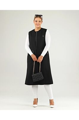 Kadin Deri Cepli Buyuk Beden Uzun Yelek Siyah ürün fotoğrafı