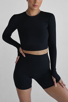 Siyah Spor Crop Top Bisiklet Yaka DARKALIP Soft Touch Basic Parmaklı Spor Body ürün fotoğrafı