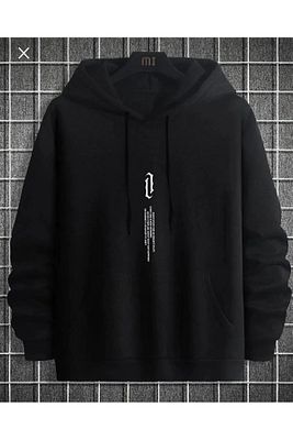 Erkek Siyah Göğüs Dikey Baskılı Oversize Kapşonlu Sweatshirt ürün fotoğrafı