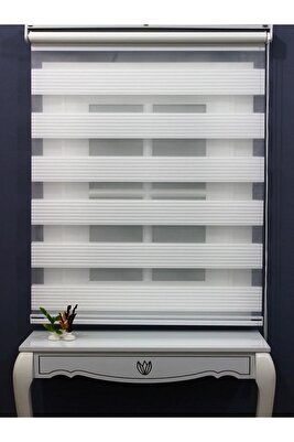 Ekru Beyaz Geniş Plise Eteği Düz Stor Zebra Güneşlik Perde Alüminyum Kasa, Metal Ayak ürün fotoğrafı