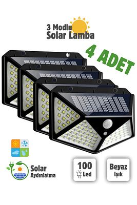 4'lü Paket 100 Led Güneş Enerjili Hareket Sensörlü 4 Taraflı Aplik Bahçe Bahçe Aydınlatma Lambası ürün fotoğrafı