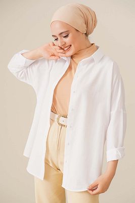 103901 Oversize Basic Tesettür Gömlek - Beyaz ürün fotoğrafı