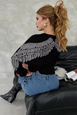 Kanat Crystal Taşlı Regular Fit Büyük Beden Üç Iplik Pamuk Rahat Şık Siyah Cepli Kadın Sweatshirt ürün fotoğrafı
